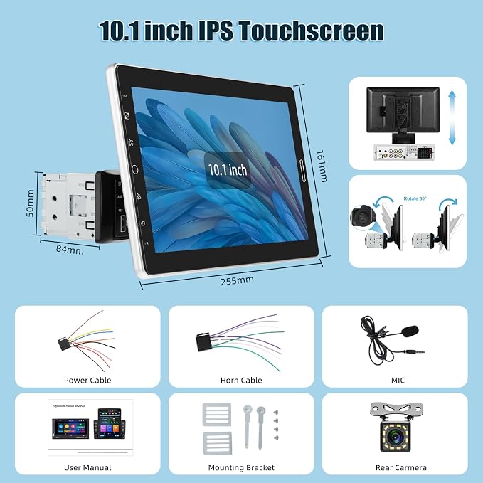 10.1 inch Single Din Car Stereo with Wireless Carplay 10 inch Touchscreen Radio Support FM Radio/YouTube Video/Car Play/Android Auto/Bluetooth/SWC + Backup Camera + Mic