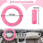 3 PCS Fluffy Steering Wheel Cover Set, 15'' Furry Car Wheel Cover, 2 Seat Belt Shoulder Pads, Anti-Slip Fur Steering Wheel Cover, Winter Warm Fluffy Car Accessories for Women, Pink