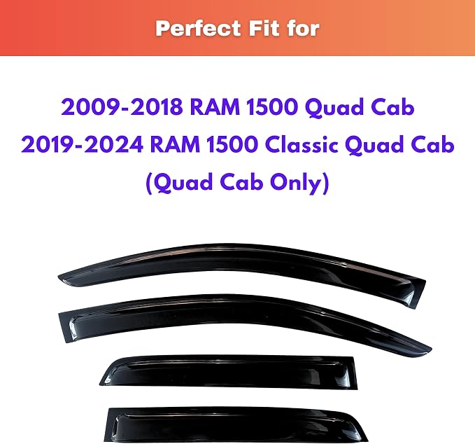 KPY Rain Guards Fit for 2009-2018 RAM 1500 Quad Cab, Out-Channel Window Visors Vent Wind Deflectors 4PC, Truck Accessories for 2019-2024 RAM 1500 Classic (Extended Cab Only)