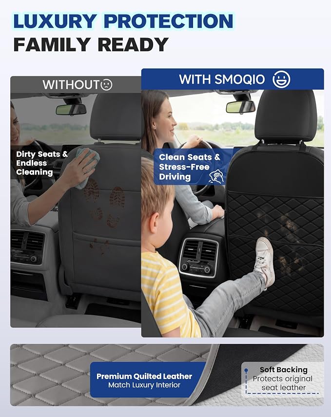 Seat Back Protectors for Kids, Car Kick Mats for Front Seats (Gray) | With Large Pocket Organizer, Waterproof, Protects Against Dirt, Scuffs & Scratches, Fits Most Vehicles, 2PCS