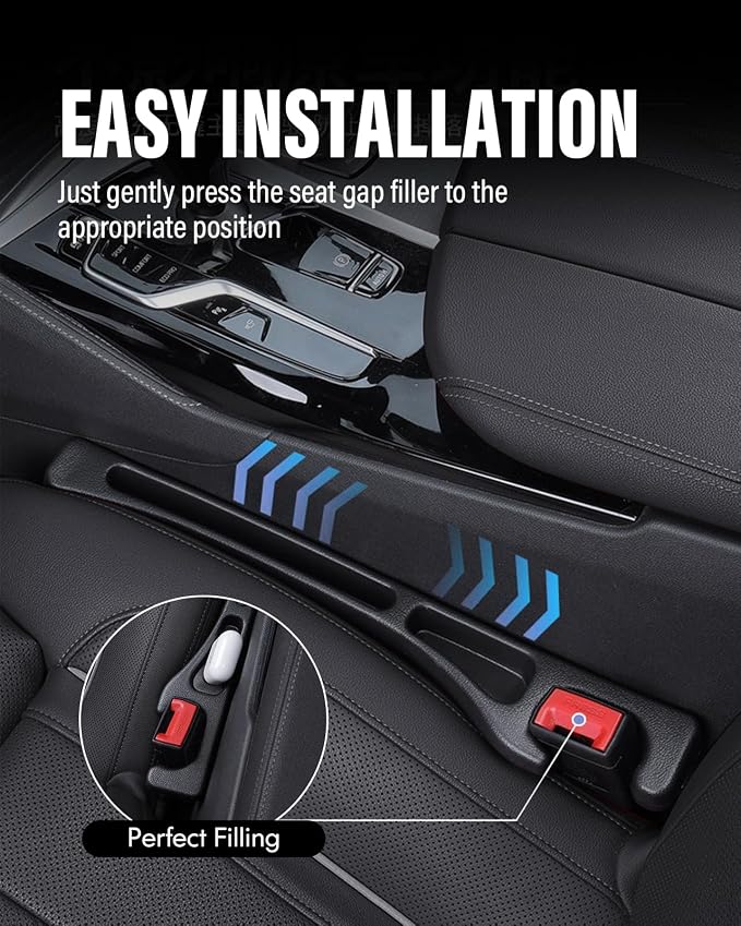 Car Seat Gap Filler, 2 Pack No-Drop Seat Side Gap Seam Filler Organizer with Phone Holder, Universal Fit Fill The Gap Between Seat and Console, Perfect for Car SUV Truck Black