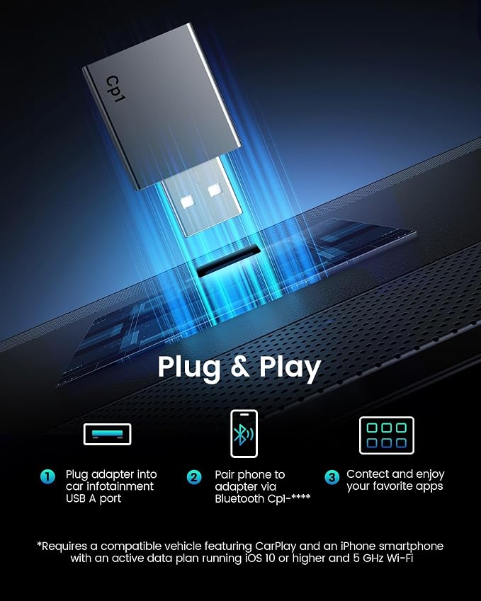Wireless Carplay Adapter for iPhone - Plug & Play Convert Wired to Wireless CarPlay for Cars from 2016 and iOS 10+, Auto Reconnect Mini USB Type A Black