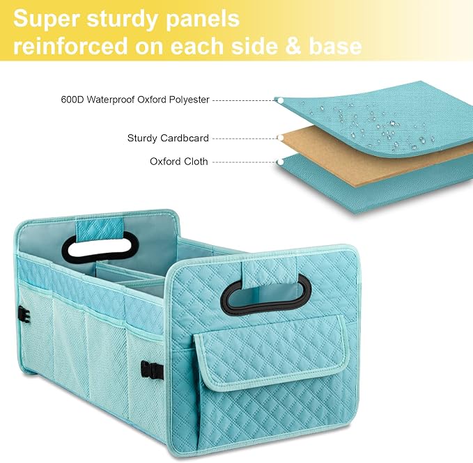 Car Trunk Organizers and Storage for SUV, Collapsible Multi Compartment Container Box Adjustable Car Accessories for Women Men, Lake Blue