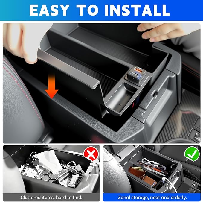 Center Console Organizer Tray with Super Fast Charging Fits for 2010-2024 Toyota 4Runner Armrest Storage Box Compatible with 4Runner Interior Accessories (Center Console+USB)
