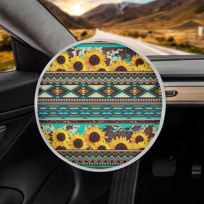 Sunflower Aztec Steering Wheel Cover Sun Shade 17 inch Anti-Heat Steering Wheel Cover Heat Reflector Universal Car Accessories Steering Wheel Sun Block Cover for SUV Trucks Van Sedan