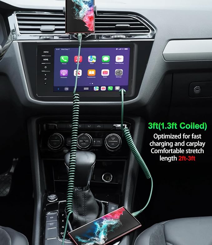 USB to USB C Cable Fast Charging 66W, 2Pack 3ft Coiled USB A to USB C Cable for Car, iPhone USB C Cable Type C Charging for iPhone 17/16/15 Pro Max/Samsung Galaxy S20 S10 and More USB C Devices-Green