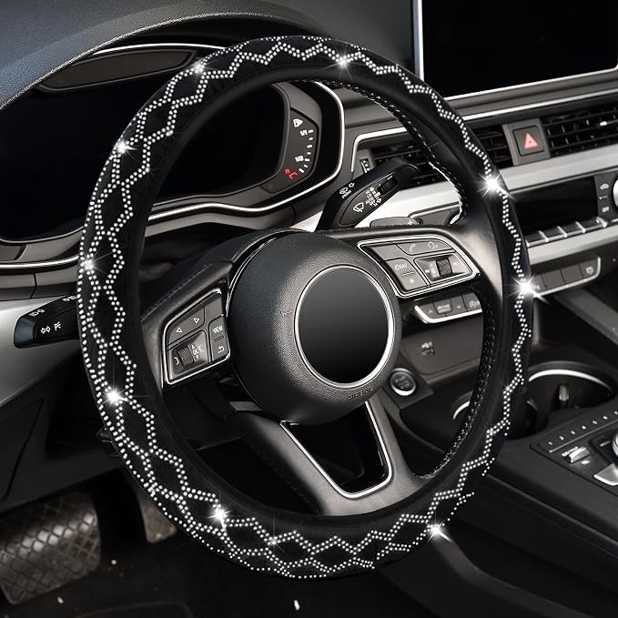 Bling Rhinestone Steering Wheel Cover with Crystal Diamond for Women, Sparkling Car Wheel Protector Universal Fit 15 Inch (Black with White Diamond, Standard Size(14"" 1/2-15"" 1/4))