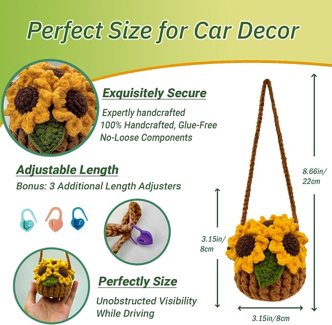 Crochet Hanging Plant for Car,Car Decorations Interior,Plant Aesthetic Car Accessories for Women Interior Cute,Car Ornaments Charms for Rear View Mirror,Boho Car Decoration Gifts