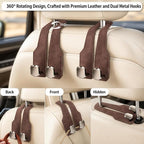 2Pcs Car Headrest Hooks with Premium Leather, Upgraded Double Metal Hooks with Anti-Drop Design, Universal Back Seat Hanger for Bags, Coats, Purses and Groceries (Stylish Brown)