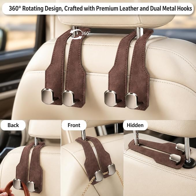2Pcs Car Headrest Hooks with Premium Leather, Upgraded Double Metal Hooks with Anti-Drop Design, Universal Back Seat Hanger for Bags, Coats, Purses and Groceries (Stylish Brown)