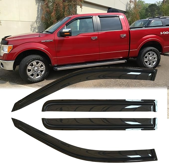 4pcs Original Shatterproof Rainproof Window Wind Deflector for Ford F-150 2009-2014 Supercrew/Crew cab,Tape-on Rain Guard Sets,Nice Looking Window Visors,Vent Deflectors for F150 09-14 94155