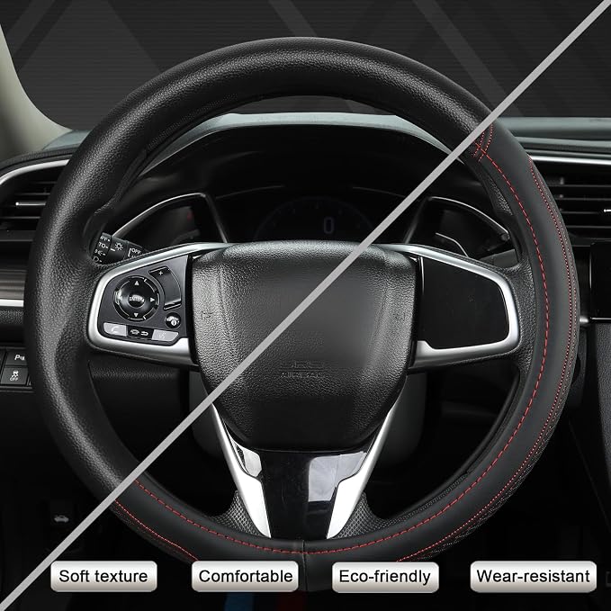 Customized Auto Car Steering Wheel Cover for Honda Accord Civic CR-V HR-V Pilot Fit Passport Odyssey 14.5-15inch(Black+Red Line-Standard Size)