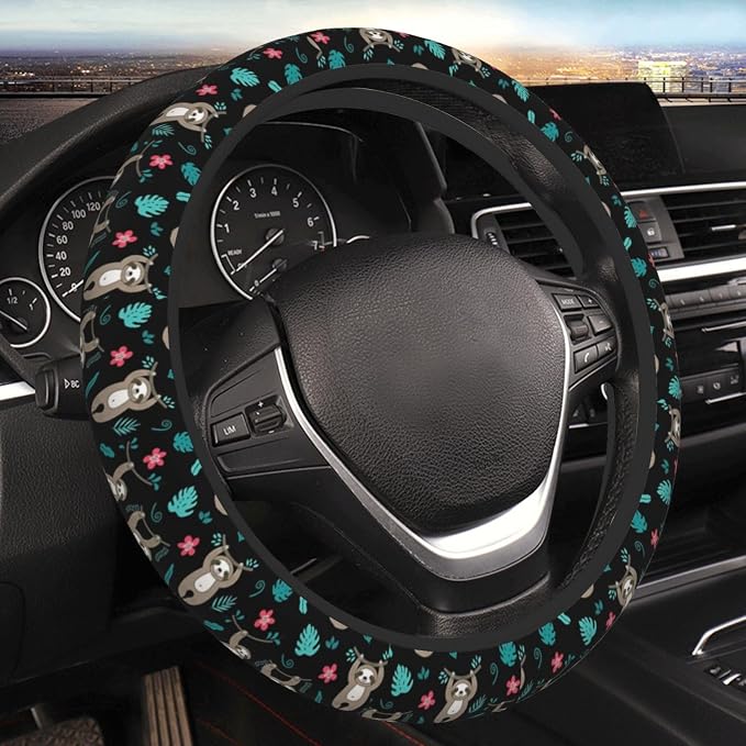 Cute Sloth Steering Wheel Cover Anti-Slip and Practical 14.5-15 Inch Universal Car Steering Wheel Cover with 2 Pieces Car Coasters Suitable for Men Women