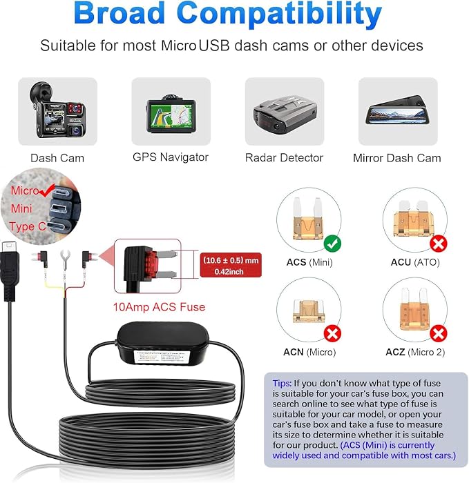 Micro USB Port Dash Cam Hardwire Kit for 24H Parking Monitor/Time-Lapse Recording Converts 12V-24V to 5V/2.5A Car Dash Camera Charger 320cm Cable Kit, Low Voltage Protection