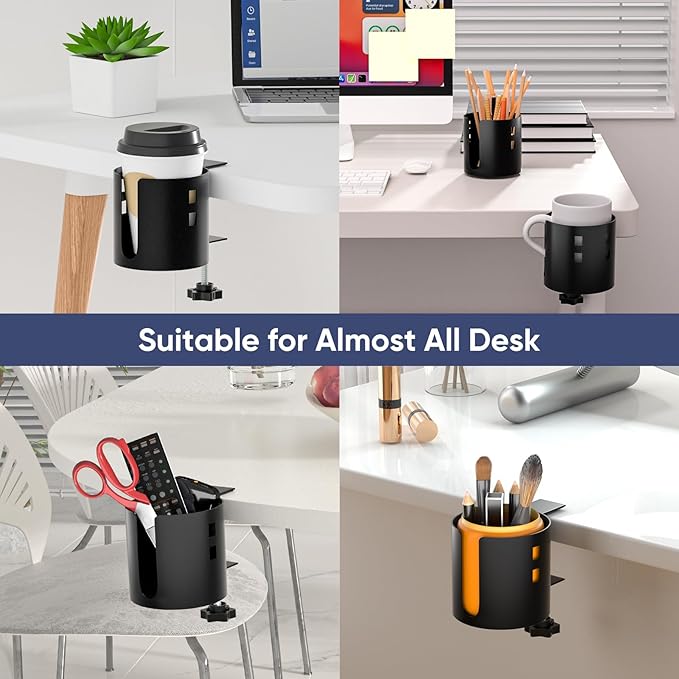 Deeper Desk Cup Holder, Anti-Spill Cup Holder for Desk or Table, Sturdy and Durable, Easy to Install, Enough to Hold Coffee Cups, Water Bottles, Gaming PC Office Accessories, Black