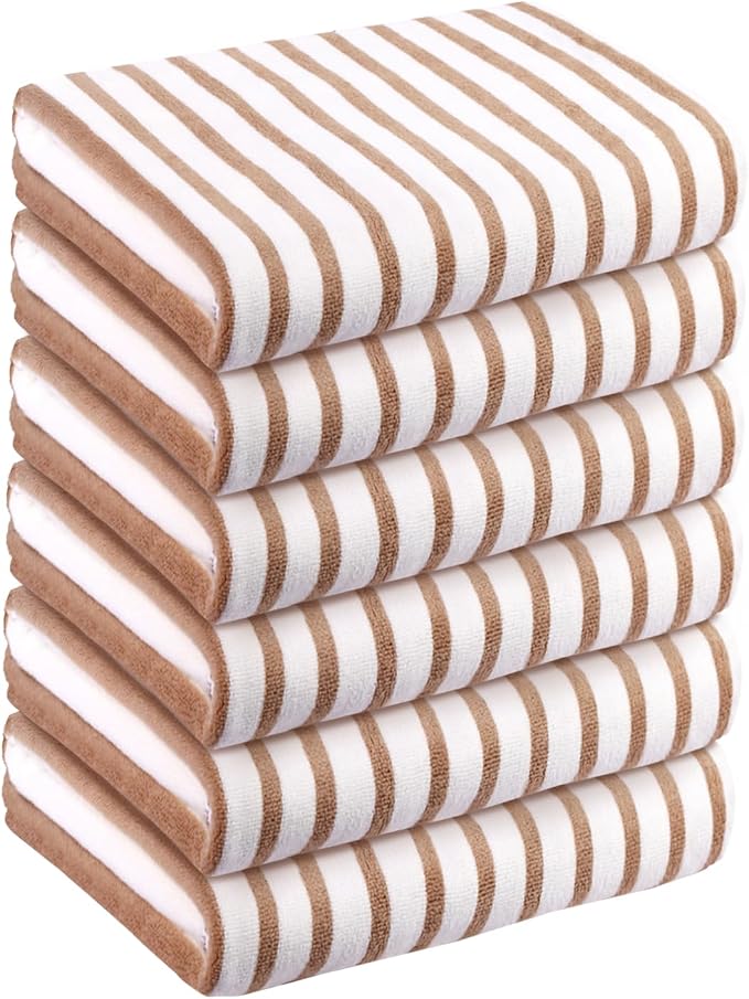 Microfiber Beach Towels, 6 Pack, 30" x 60", Cabana Stripe Coffee | Hanging Loop, Absorbent, Quick Dry, For Adults, Travel, Summer Party, Sport, Swimming, Pool, Yoga, Camping