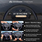 Coverado Car Steering Wheel Cover, Nappa Leather Black & Blueline Steering Wheel Covers, Universal 14-15 inch, Anti-Slip, Breathable Steering Wheel Protector for Women Men