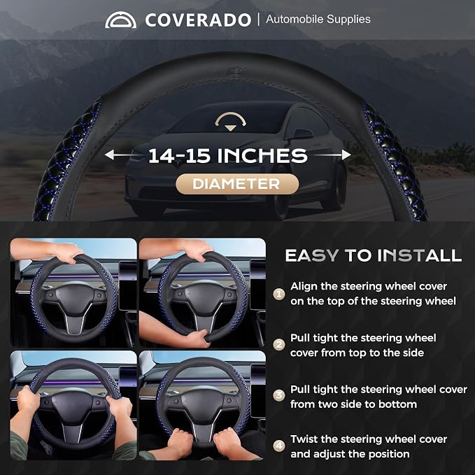 Coverado Nappa Leather Steering Wheel Cover Universal 14-15 Inch Anti-Slip Breathable Steering Wheel Protector Luxury Auto Decor for Men Women Blueline