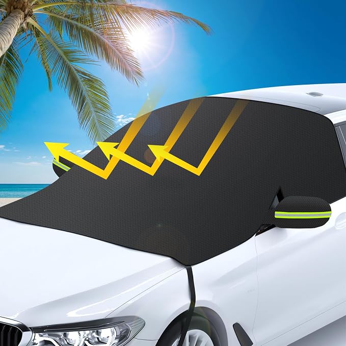 Car Windshield Snow Cover with Side Mirror Cover & 2 in 1 Brush | Thickened 4 Layers, Cold Protection, Ice Scraper, For Most Cars SUVs Trucks