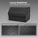 Leather Car Trunk Organizer with Lid,65L Foldable Storage Box for Universal Cars, SUVs, Sedans and MPVs, Removable Divider, Carry Handles, Black