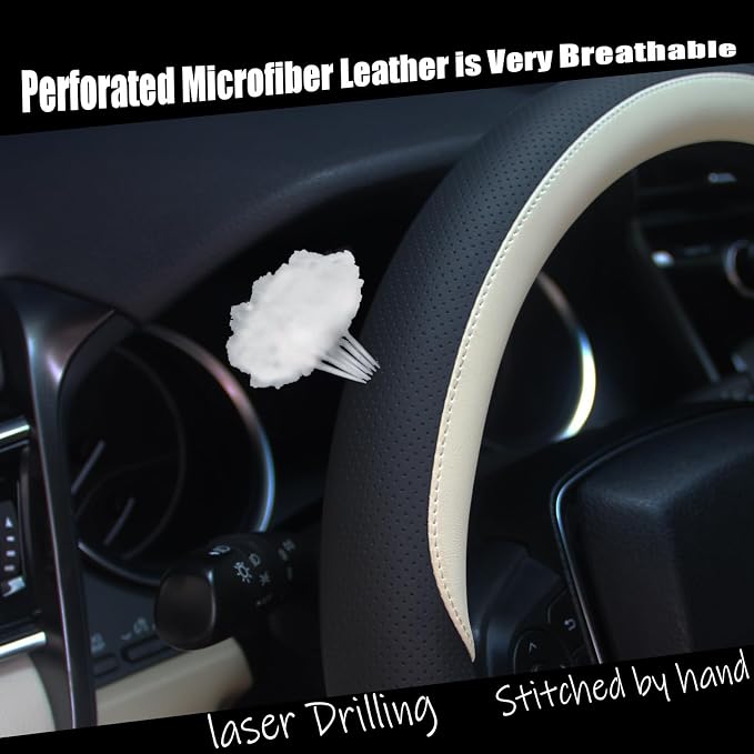Steering Wheel Cover Universal Standard Size 14.5-15 inch, Non-Folding Packaging, Microfiber Leather, Anti-Slip, Soft Grip, Fits Most Cars SUVs Trucks, Black and Light Creamy White