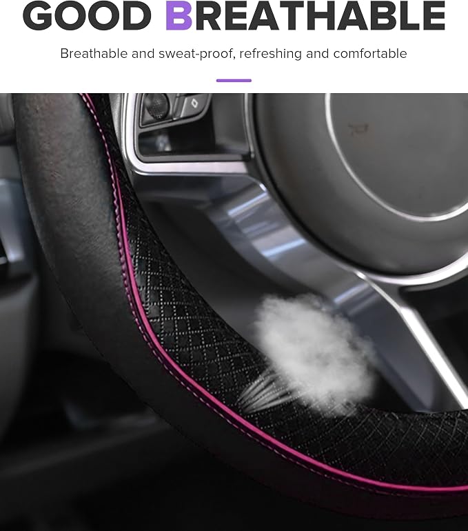 Steering Wheel Cover,Car Accessories,Microfiber Leather Car Steering Wheel Covers,Universal 15 Inch Anti-Slip Breathable Auto Interior Decor Protector,Suitable for Most Cars (Black&Pink)