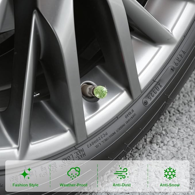 4 Pack Handmade Crystal Rhinestone Car Tire Valve Stem Caps, Universal for Cars, Trucks and Motorcycles - Green