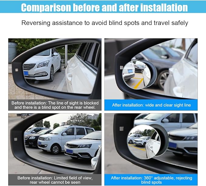 Round Blind Spot Car Mirror - 2" Frameless HD Glass Convex 360 Degree Wide Angle Rear View Side Mirror With Adjustable Stick for Car SUV Truck (Round/4PCS)