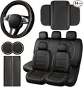 14 PCS Leather Car Seat Covers Full Set, 14.5”-15'' Sporty Steering Wheel Cover Universal, Center Console Cover, Seat Belt Cushion, Cup Holder Coaster, Car Interior Set Beige