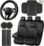 14 PCS Leather Car Seat Covers Full Set, 14.5”-15'' Sporty Steering Wheel Cover Universal, Center Console Cover, Seat Belt Cushion, Cup Holder Coaster, Car Interior Set Beige