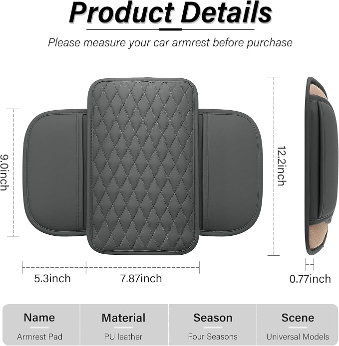 Car Center Console Cover, Upgraded Leather Car Armrest Cushion with 2 Storage Pockets, Universal Waterproof Cushion Pad, Non-Slip Car Interior Accessories, Fits Most Sedans SUVs Trucks (Gray)