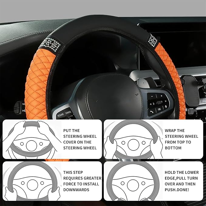 Bling Car Steering Wheel Cover, 15 Inch Rhinestones Soft Leather Elastic Steering Wheel Protector, Sparkly Crystal Diamond for Women, Car Interior Accessories for Most Cars (Orange)