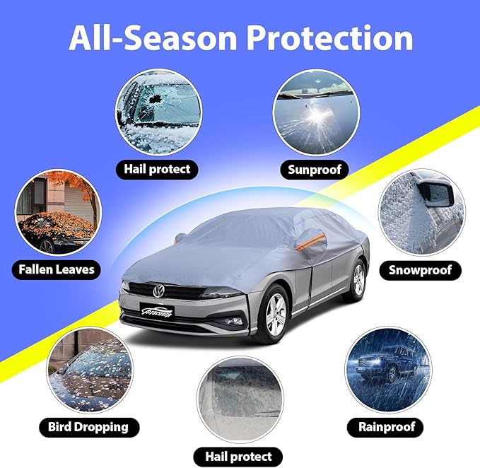 Half Car Cover SUV, Top Cover for Windshield & Sunroof Protection with Cotton Liner, Hail Protector Car Cover Waterproof All Weather for Snow, Sun,Rain,Dust,Size L