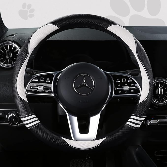Car Steering Wheel Covers for Women Girl Padded Carbon Fiber PU Leather Cute Cartoon Auto Interior Accessories for Jeep, Truck, Universal, Anti Slip, White, Large Size, 15.2-16in