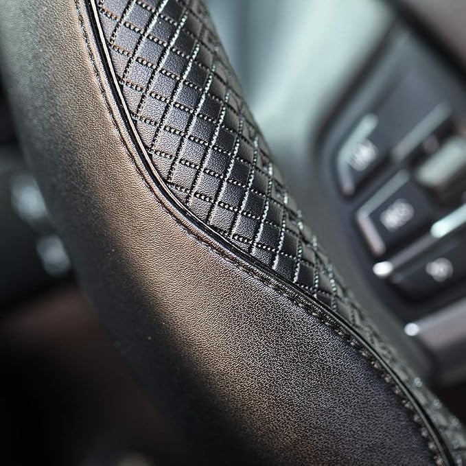 Steering Wheel Covers Universal 15 inch - Genuine Leather, Breathable, Anti Slip & Odor Free (Black with Black Lines, M(14" 1/2-15" 1/4))