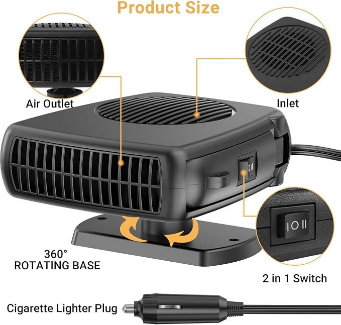 200W Car Heater, 12V Auto Part Vehicle Heater That Plugs into Cigarette Lighter, Portable Car Heaters and Defroster Windshield Defogger, Heaters for Vehicles with 360 Degree Rotary Base