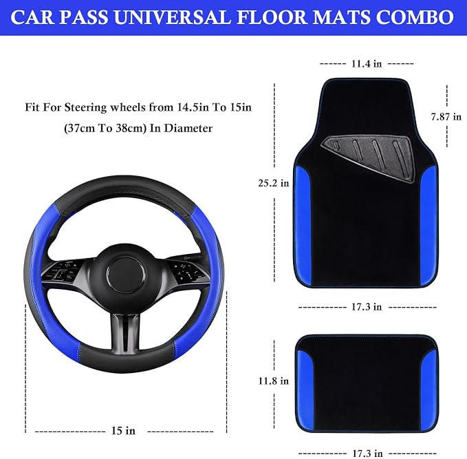 Faux Leather Steering Wheel Cover and Waterproof Car Floor Mats,Universal Car Combo Fit for 95% Sedan,SUV,Cars,14.5-15inch Sporty Anti-Slip Safety Comfortable Design(Black＆Bule)