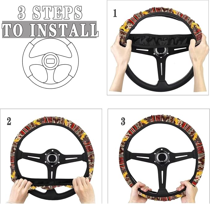 Sweat Absorption Steering Wheel Cover with Anti-Slip Lining for Car Truck SUV Van Car Wheel Cover Polyester Cover Car Decoration, American Tribal Geometric Sunflower Pattern