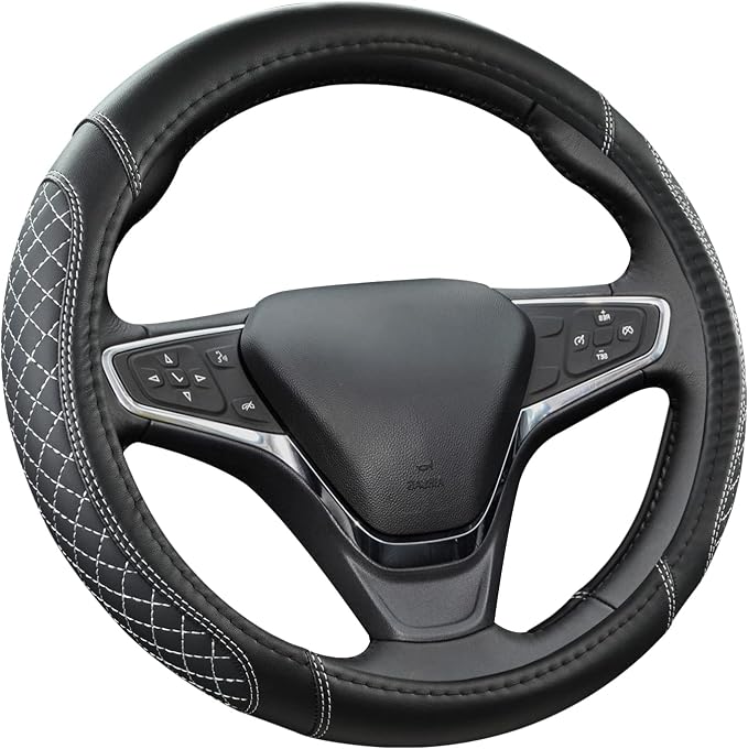Customized Auto Car Steering Wheel Cover for Chevy Silverado,Tahoe,Equinox,Traverse,Trailblazer,Colorado(Diamond Quilted-Black+Gray-Standard Size)