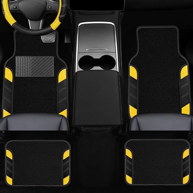 10 Pcs Car Floor Mats Full Set & Sport Leather Steering Wheel Cover 14.5-15 inch, Center Console Cover, Seat Belt Cushion, Cup Holder Coaster, Universal Automobile Interior Sets (Yellow)