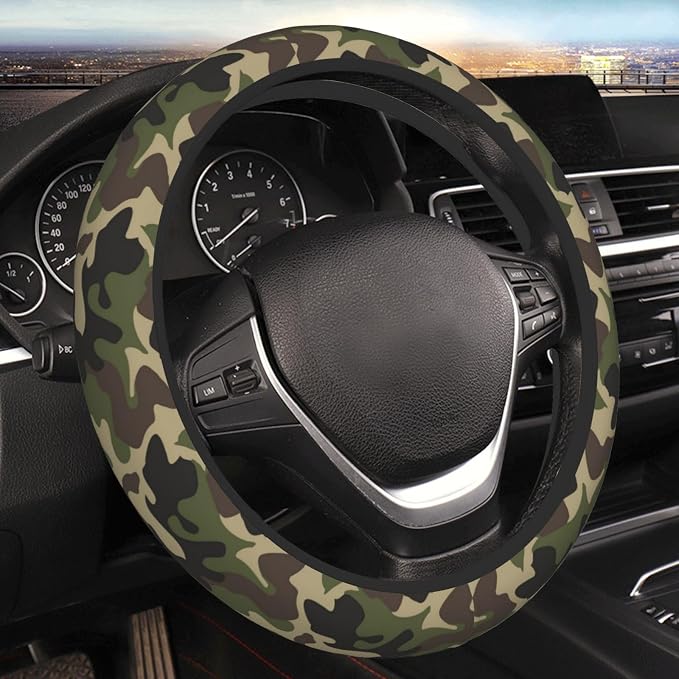 Green Camo Steering Wheel Cover Anti-Slip and Practical 14.5-15 Inch Universal Car Steering Wheel Cover with 2 Pieces Car Coasters Suitable for Men Women