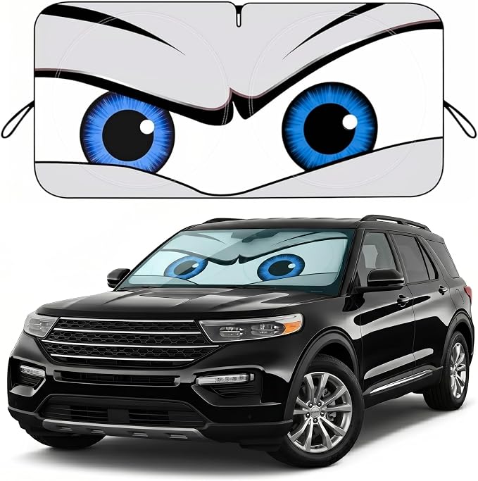 Car Windshield Sun Shade, Universal Fit Full-Size SUV Pickup MVP, Cool Gray | 63 x 33.86" Large Windshield Cover, Foldable Front Window Sunshade, UV Heat Protection, Cute Eyes Series