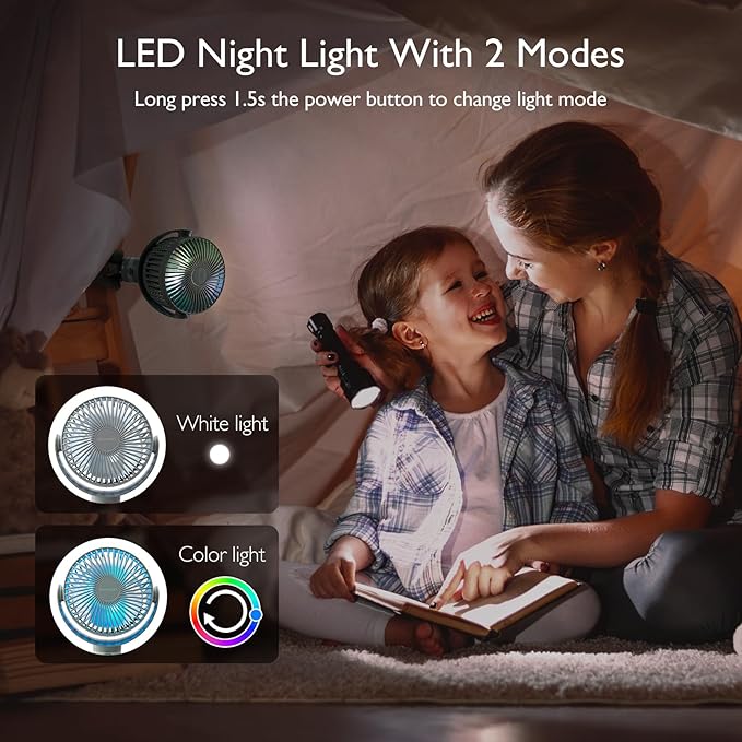 8000mAh Portable Stroller Fan, 27H Ultra-long Battery Life Detachable 4 Speed 360°Rotate LED Night Light with 2 Modes, USB Rechargeable Handheld Cooling Fan for Travel/Car Seat/Bedroom