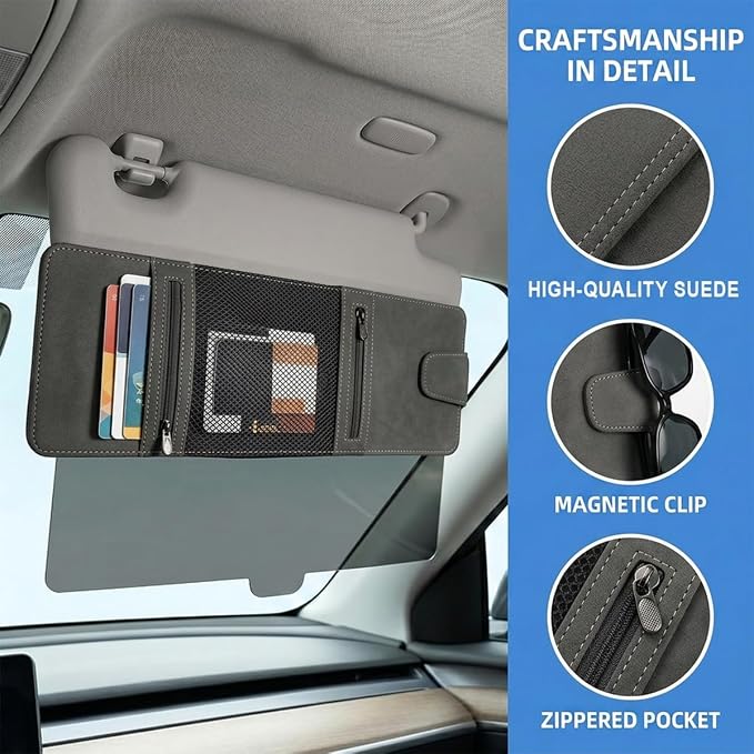 Craedli Car Sun Visor Extender Organizer, 2 in 1 Anti-Glare Sunshade with Magnetic Sunglasses Holder & Mesh Pouch, Multifunctional Adjustable Auto Interior Storage Accessories (BlackGray)