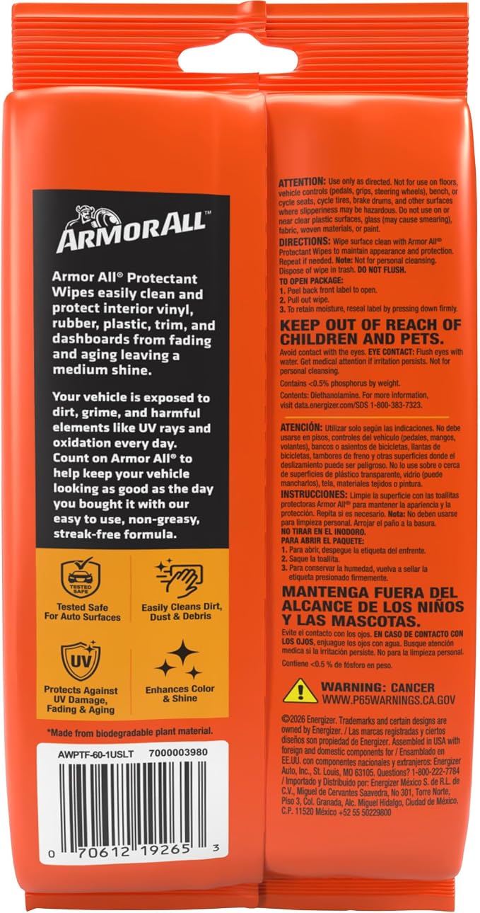 Car Protectant Wipes, Interior Car Wipes with UV Protection Against Cracking and Fading, 60 Wipes
