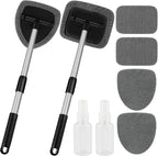 Windshield Cleaner Tool, Car Interior Window Cleaning Tool, Car Wash kit with 4 Reusable Microfiber Pads, 2 Extendable Handle and 2 Spray Bottles, Glass Wiper Kit for Windshield, Home Windows