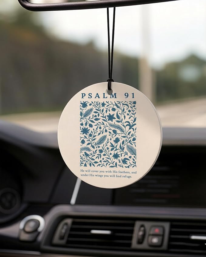 Retro Blue Christian Round Car Air Freshener 4 Pcs Coconut Scented, Inspirational Religious Car Accessories Mirror Decor for Women, Christian Hanging Air Freshener for Cars Closet Drawer Book