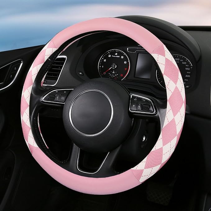 Lattice Car Steering Wheel Cover Microfiber Leather Non-Slip Comfort Universal 15 inch Checkered Plaid Wheel Protector for Truck, SUV, Cars (Pure Pink)
