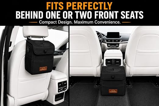 Car Trash Can Premium 3-Gallon Waterproof with Lid, Foldable Leakproof Auto Garbage Bin Organizer with Adjustable Strap, Reflective Interior & Mesh Storage Pockets (Black)