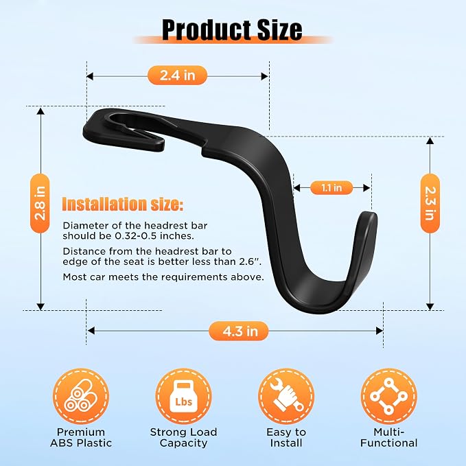 Car Seat Headrest Hook 4 Pack Hanger Storage Organizer Universal for Handbag Purse Coat Universal fit Vehicle Car Black with Buckle